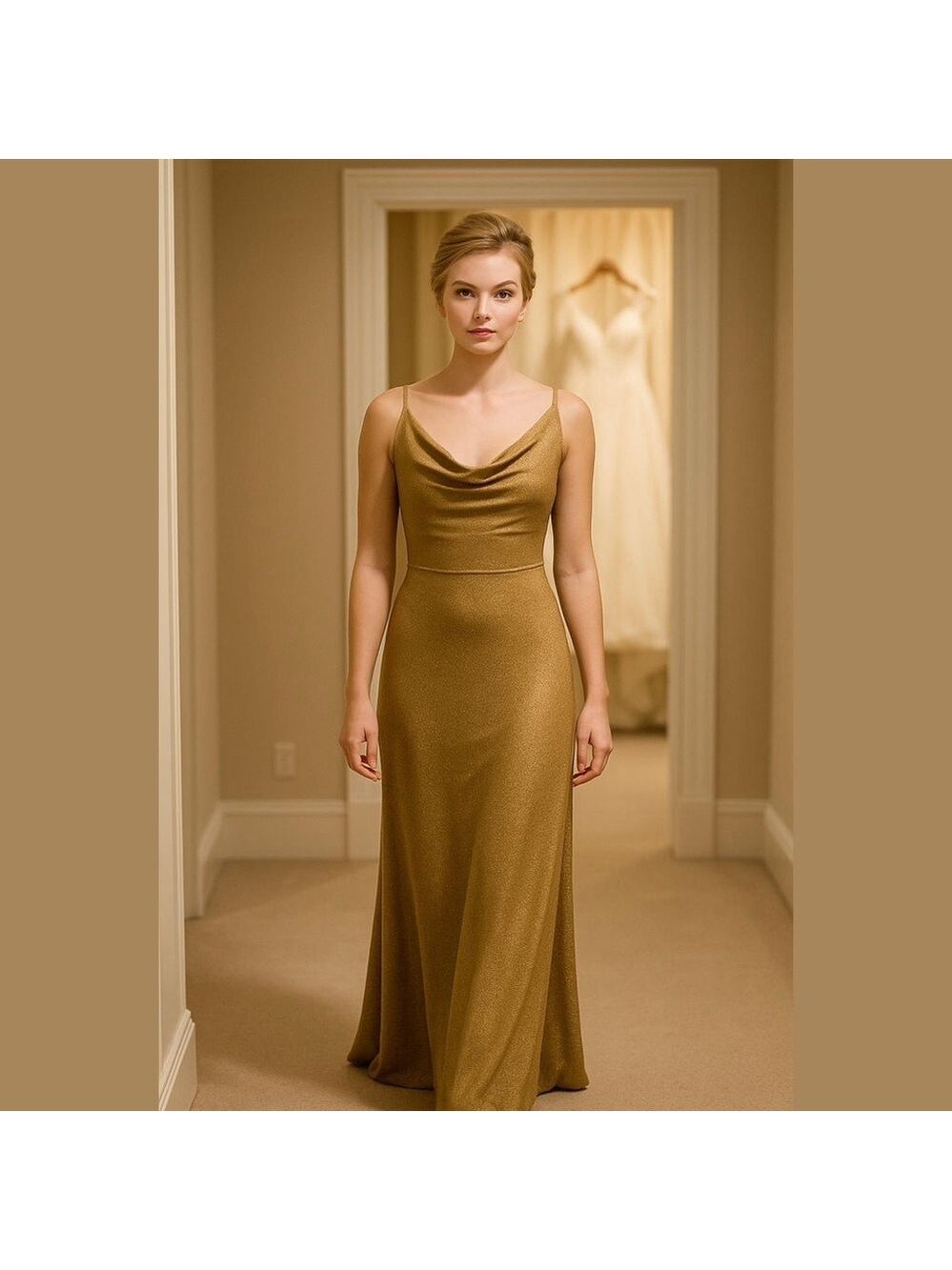 NWT Y2K DB STUDIO GOLD METALLIC COWL NECK MAXI GOWN W LACE-UP CORSET BACK SZ 18